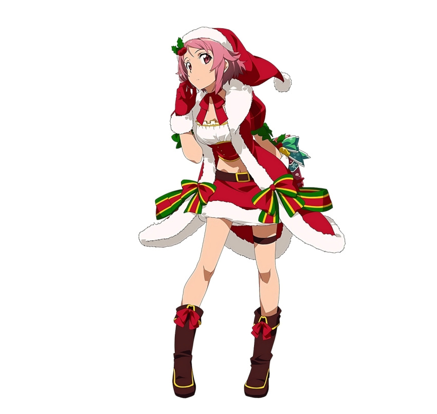 1girl belt brown_eyes gloves hat highres lisbeth midriff navel official_art pink_hair red_gloves red_hat red_skirt santa_costume santa_gloves santa_hat short_hair simple_background skirt solo sword_art_online sword_art_online:_code_register white_background