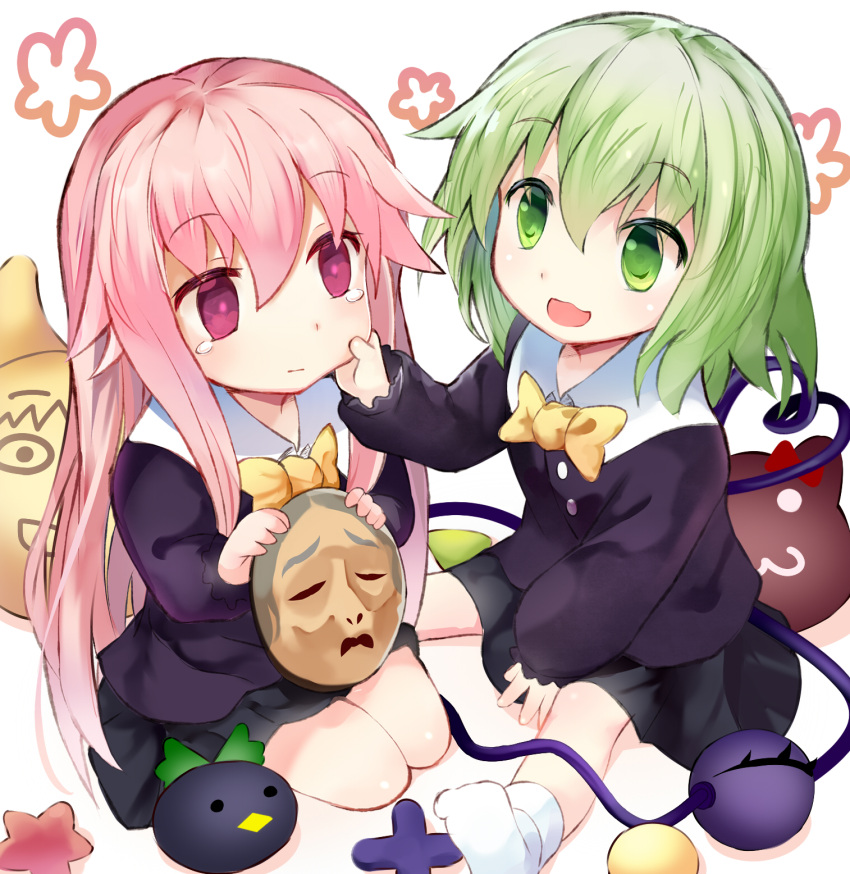 2girls :3 bangs black_skirt cheek_pinching efe green_eyes green_hair hair_between_eyes hata_no_kokoro heart heart_of_string highres komeiji_koishi long_hair long_sleeves multiple_girls new_mask_of_hope pinching pink_eyes pink_hair sitting skirt socks tears third_eye touhou white_legwear younger