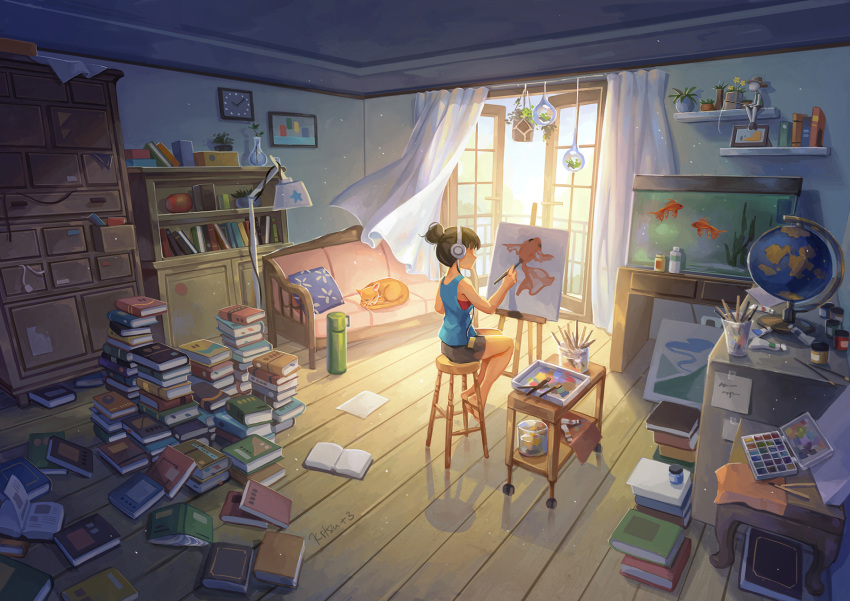 barefoot blurry book bookshelf brown_hair cabinet canvas_(object) cat clock couch curtains desk digital_media_player doll fish fish_tank gloves goldfish hair_bun headphones highres indoors jar kitsu+3 lamp light_particles no_eyes original paint paintbrush painting painting_(object) palette paper pillow plant potted_plant scenery shadow signature sitting stool sunlight tank_top vase wind window wooden_floor