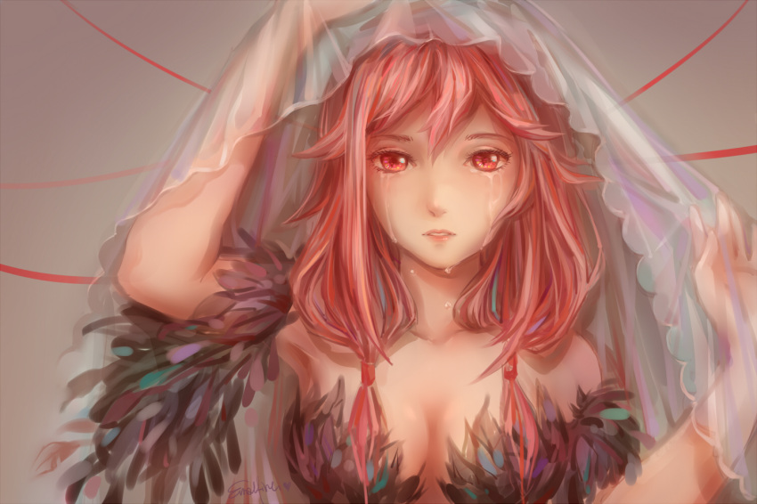 1girl bare_shoulders breasts cleavage crying crying_with_eyes_open emalfire feathers guilty_crown hair_ornament hairclip looking_at_viewer open_mouth pink_hair red_eyes solo tears twintails veil yuzuriha_inori
