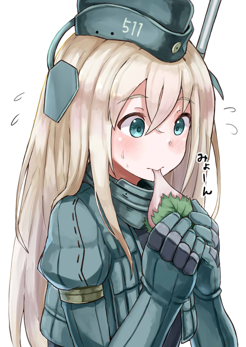 1girl absurdres blonde_hair blush character_name close-up collar cropped_jacket eating elbow_gloves eyebrows eyebrows_visible_through_hair flying_sweatdrops food fruit garrison_cap gloves green_eyes green_gloves green_hat green_jacket hair_between_eyes hat highres holding holding_food holding_fruit jacket kantai_collection long_hair number okitsugu open_clothes open_jacket peach solo sweatdrop tareme text translated u-511_(kantai_collection) upper_body