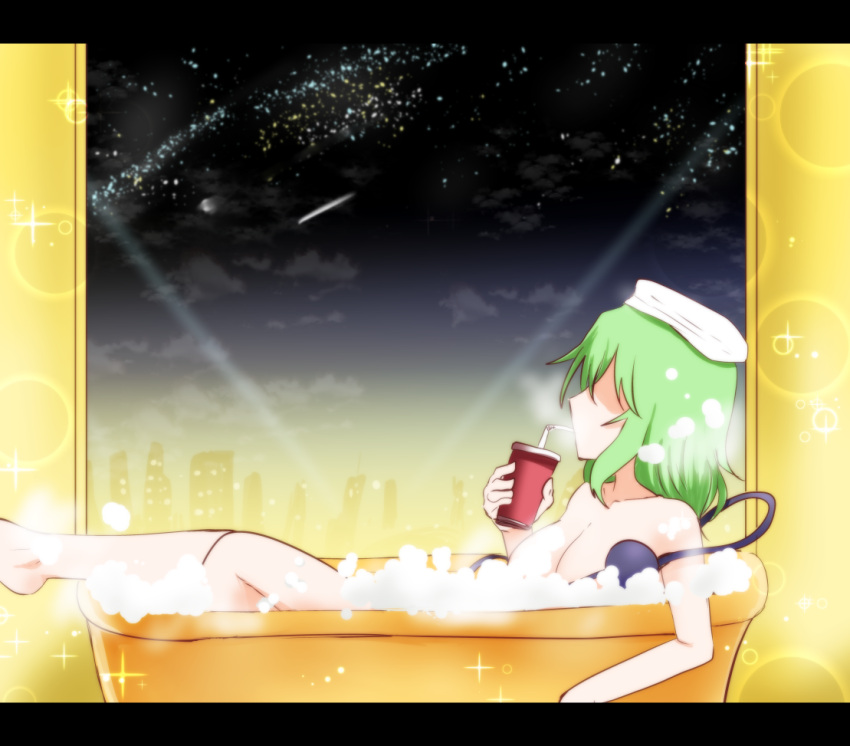 1girl bathing bathtub breasts city_lights cityscape cleavage drinking_cup drinking_straw green_hair komeiji_koishi large_breasts letterboxed night sky solo sunset takorice third_eye touhou window