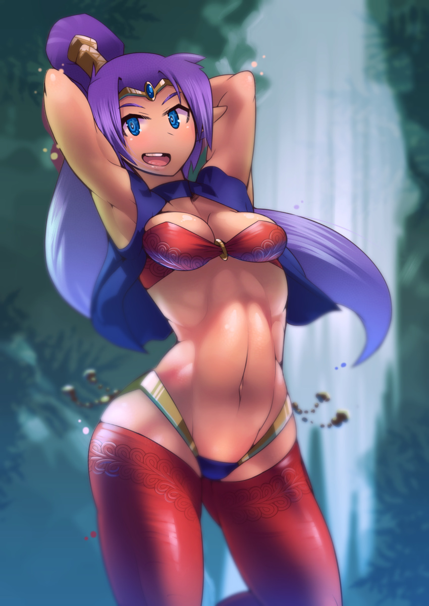 1girl adunba_rell armpits arms_up bandeau blue_eyes breasts choker cleavage dark_skin earrings eyebrows forehead_jewel hands_in_hair harem_pants high_ponytail highleg highleg_panties highres hoop_earrings jewelry long_hair lowleg lowleg_pants midriff navel open_clothes open_vest panties pants pointy_ears ponytail purple_hair shantae shantae_(character) shantae_and_the_pirate's_curse smile solo tiara toned underwear vest