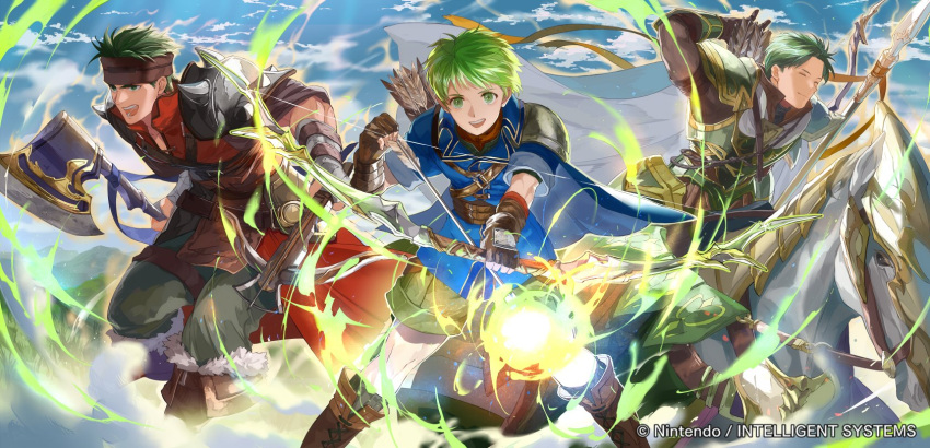 3boys arrow_(projectile) axe bow_(weapon) boyd_(fire_emblem) brothers company_name fire_emblem fire_emblem_cipher highres holding holding_arrow holding_axe holding_bow_(weapon) holding_lance holding_polearm holding_weapon horseback_riding lance mayo_(becky2006) multiple_boys open_mouth oscar_(fire_emblem) outdoors polearm riding rolf_(fire_emblem) siblings weapon