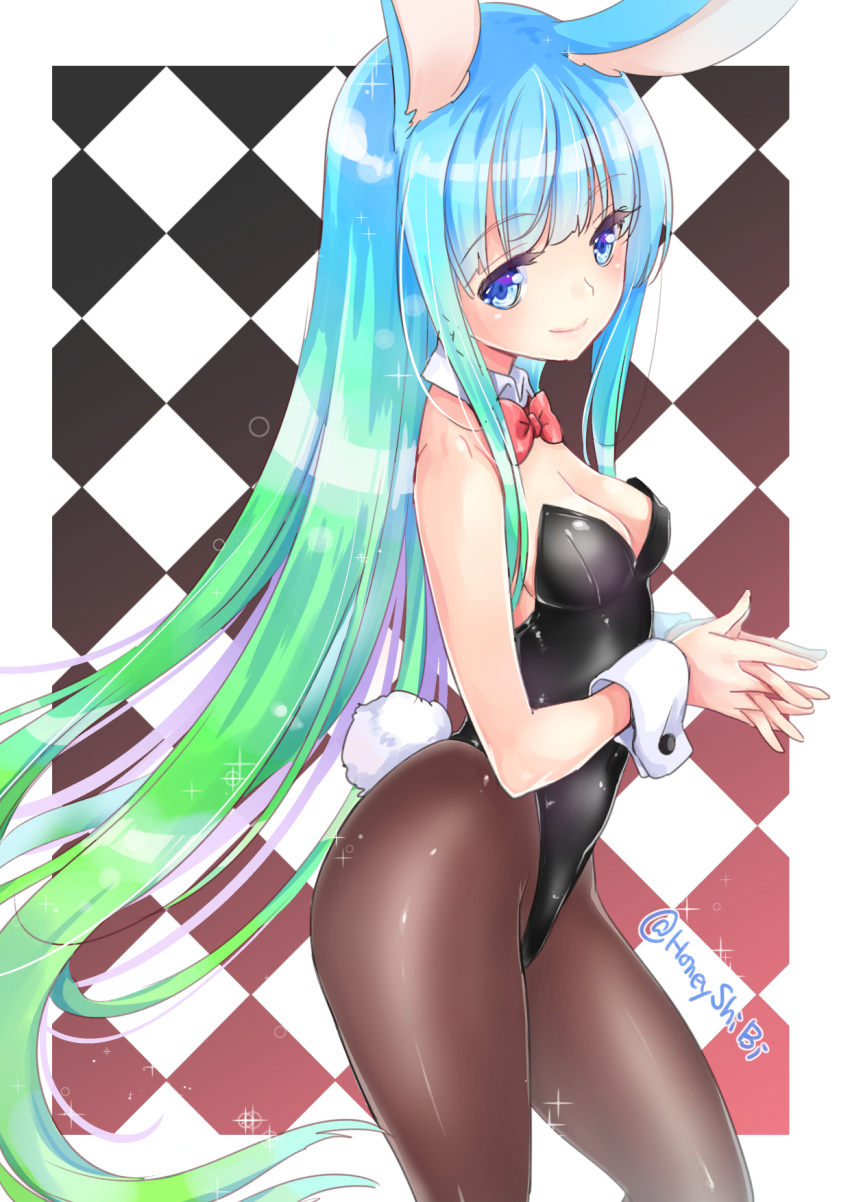 1girl animal_ears artist_name bangs bare_shoulders black_legwear blue_eyes blue_hair blunt_bangs blush breasts bunny_girl bunnysuit checkered checkered_background cleavage closed_mouth cowboy_shot eyebrows eyebrows_visible_through_hair gradient_hair green_hair hands_clasped highres leotard lips long_hair multicolored_hair original pantyhose rabbit_ears shibi solo standing strapless strapless_leotard tareme very_long_hair wrist_cuffs