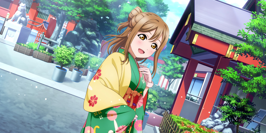 blush brown_eyes brown_hair kimono kunikida_hanamaru long_hair love_live!_school_idol_festival_all_stars smile