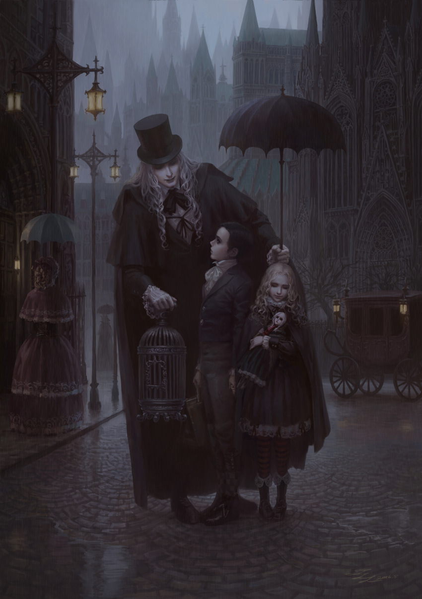 2boys 2girls absurdres arms_at_sides back black_boots black_dress black_eyes black_hair black_hat black_jacket black_pants black_shoes blonde_hair bloodborne boots brown_hair buttons cage capelet carriage character_request checkered child church city cloak closed_eyes cravat dark doll dress gloves hat highres holding holding_doll holding_hands holding_umbrella jacket lace_trim lantern leaning_forward long_hair long_sleeves looking_at_another multiple_boys multiple_girls neck_ribbon neck_ruff outdoors pants pantyhose pavement plain_doll rain ribbon road shoes signature silver_hair smile standing street striped striped_legwear suitcase umbrella vampire walking white_gloves zhoujialin