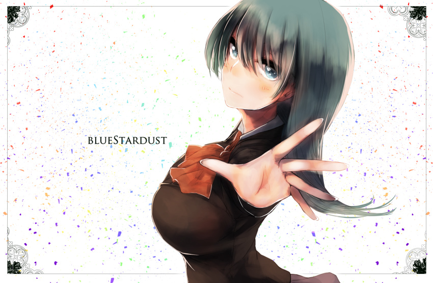 1girl ascot blazer blush breasts brown_jacket closed_mouth expressionless from_side green_eyes green_hair highres jacket kantai_collection kojima_takuro large_breasts long_hair long_sleeves looking_at_viewer looking_to_the_side outstretched_arm palms simple_background solo spread_fingers suzuya_(kantai_collection) text upper_body white_background white_border