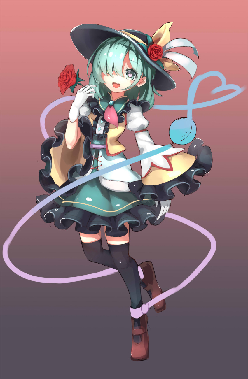 1girl absurdres adapted_costume alternate_costume black_legwear eyeball flower full_body gloves gradient gradient_background green_eyes green_hair hair_over_one_eye hat hat_flower hat_ribbon heart heart-shaped_pupils heart_of_string highres komeiji_koishi long_sleeves looking_at_viewer mary_janes neetsr open_mouth puffy_sleeves ribbon rose shirt shoes short_hair skirt smile solo standing_on_one_leg string symbol-shaped_pupils thigh-highs third_eye tiptoes touhou vest white_gloves wide_sleeves zettai_ryouiki