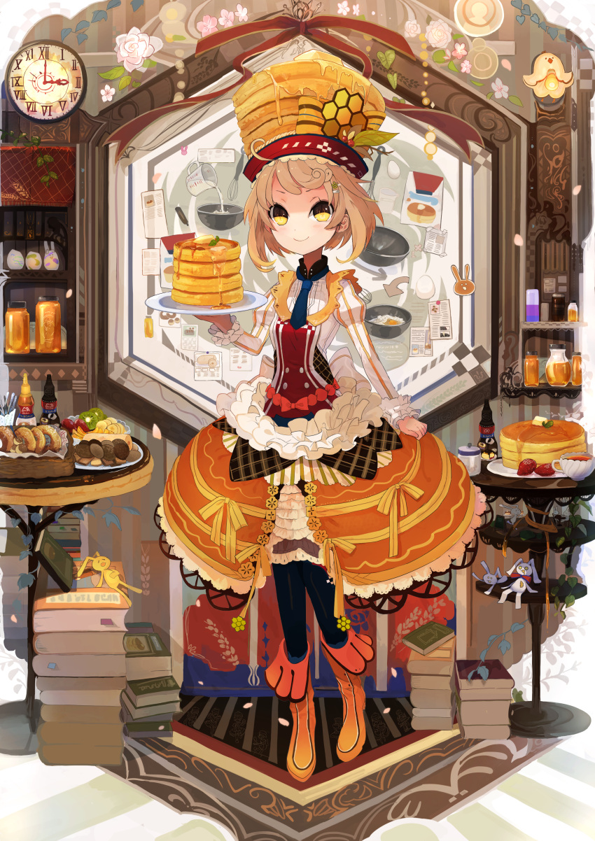 1girl absurdres banana_slice bird black_legwear blue_necktie book boots bow brown_dress brown_hair butter cherry_blossoms chicken clock cookie cup dessert doll dress egg flower food food_themed_clothes frills fruit full_body hat hat_bow highres honeycomb kiwifruit leaf looking_at_viewer milk mixing_bowl morinaga_(brand) namae_mayoichuu necktie orange_boots original pancake pantyhose personification plate pouring red_bow roman_numerals rose short_hair smile solo standing strawberry striped striped_bow table tea teacup white_rose yellow_eyes