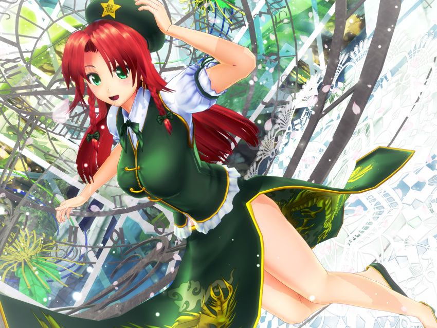 1girl 3d abstract_background adjusting_clothes adjusting_hat bow braid cherry_blossoms chinese_clothes clock dutch_angle green_eyes hair_bow hand_up hat highres hong_meiling kurogoma_(glassesgurasan) long_hair looking_at_viewer mikumikudance petals redhead side_braid skirt skirt_set slippers solo spinning standing_on_one_leg touhou vest