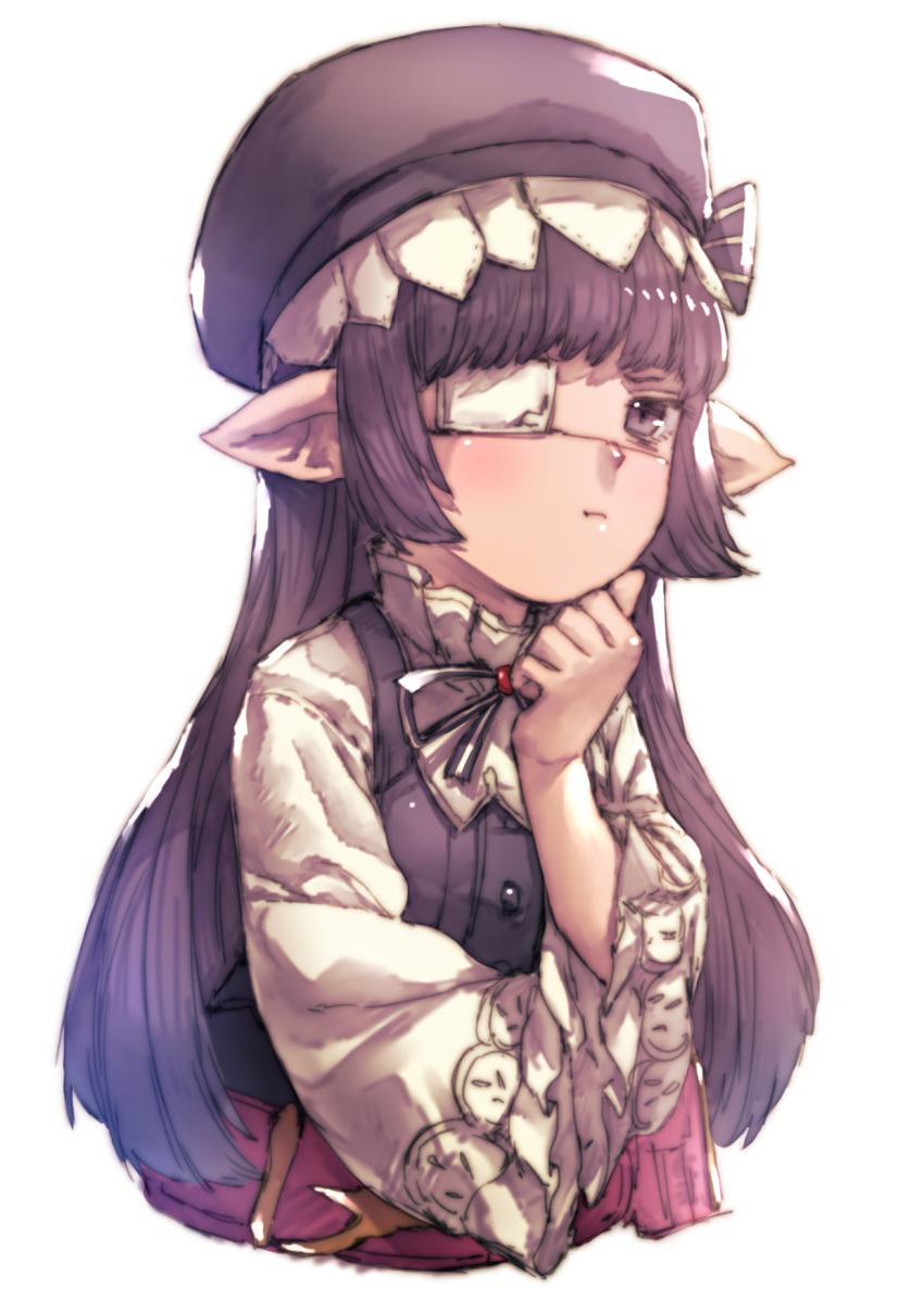 1girl bangs blunt_bangs blush brooch closed_mouth eyepatch granblue_fantasy hat highres jewelry long_hair long_sleeves looking_at_viewer lunaru_(granblue_fantasy) neck_ribbon one_eye_covered pointy_ears pout purple_hair purple_hat ribbon simple_background solo uguisu_(pix-pix) upper_body vest violet_eyes white_background wide_sleeves