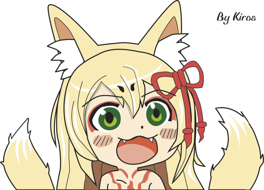 1girl :3 :d animal_ears blonde_hair blush blush_stickers chibi english green_eyes gyate_gyate hair_ornament highres mon-musu_quest! monster_girl multiple_tails open_mouth signature smile tail tamamo_(mon-musu_quest!) two_tails upper_body white_background