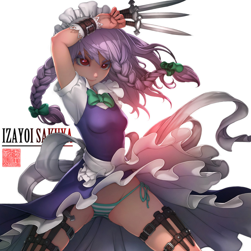 1girl apron arm_up bangs belt between_fingers blue_dress bow bowtie braid breasts buckle character_name colored_eyelashes cowboy_shot dagger dress dress_lift eyelashes frills green_bow green_bowtie hair_bow highres holding holding_weapon holster izayoi_sakuya legs_apart long_hair looking_at_viewer maid_headdress panties pantyshot purple_hair red_eyes short_sleeves side-tie_panties silver_hair simple_background smile solo striped striped_panties thigh_holster touhou twin_braids underwear upskirt waist_apron weapon white_apron white_background wrist_cuffs zhaoyebai