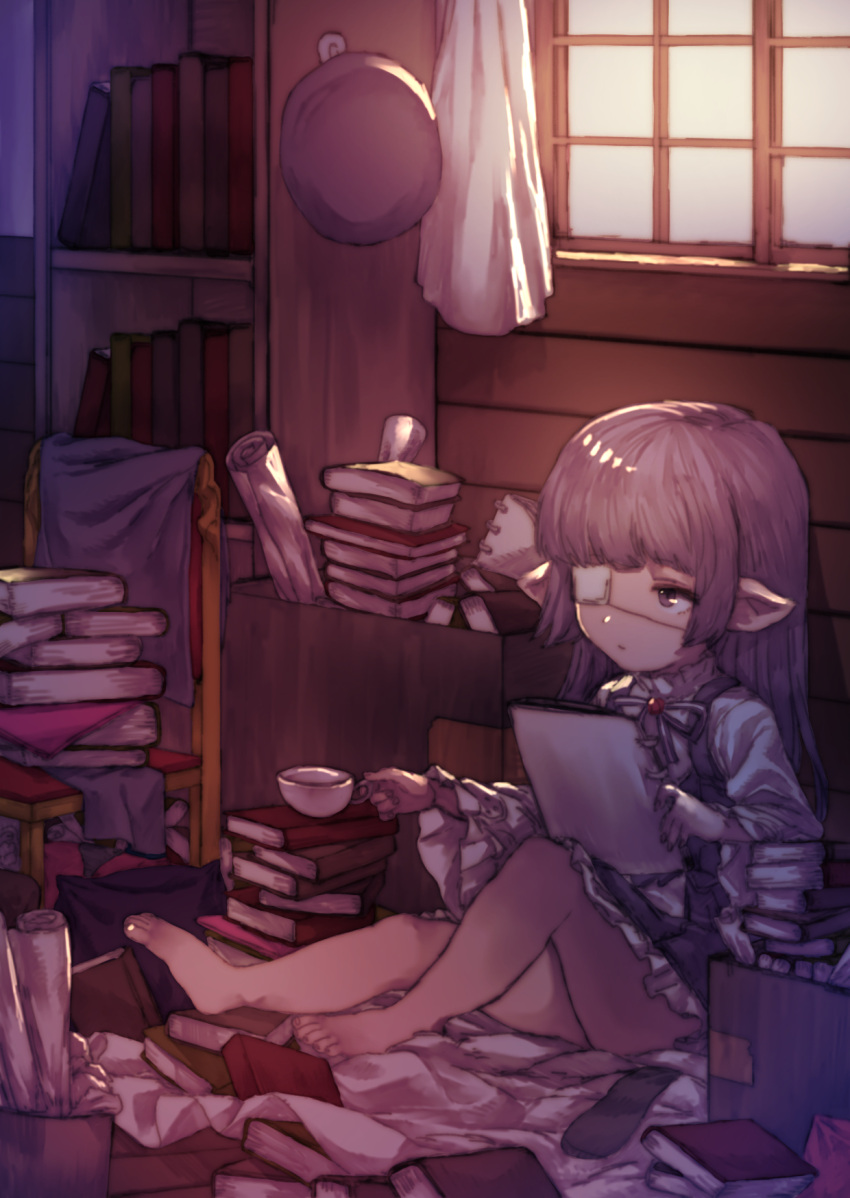 1girl bangs barefoot blanket blunt_bangs book book_stack bookshelf box chair cup dress eyepatch granblue_fantasy hat hat_removed headwear_removed highres holding holding_book long_hair long_sleeves lunaru_(granblue_fantasy) neck_ribbon notebook on_ground one_eye_covered pointy_ears purple_hair reading ribbon scroll solo uguisu_(pix-pix) violet_eyes wide_sleeves window wooden_floor wooden_wall