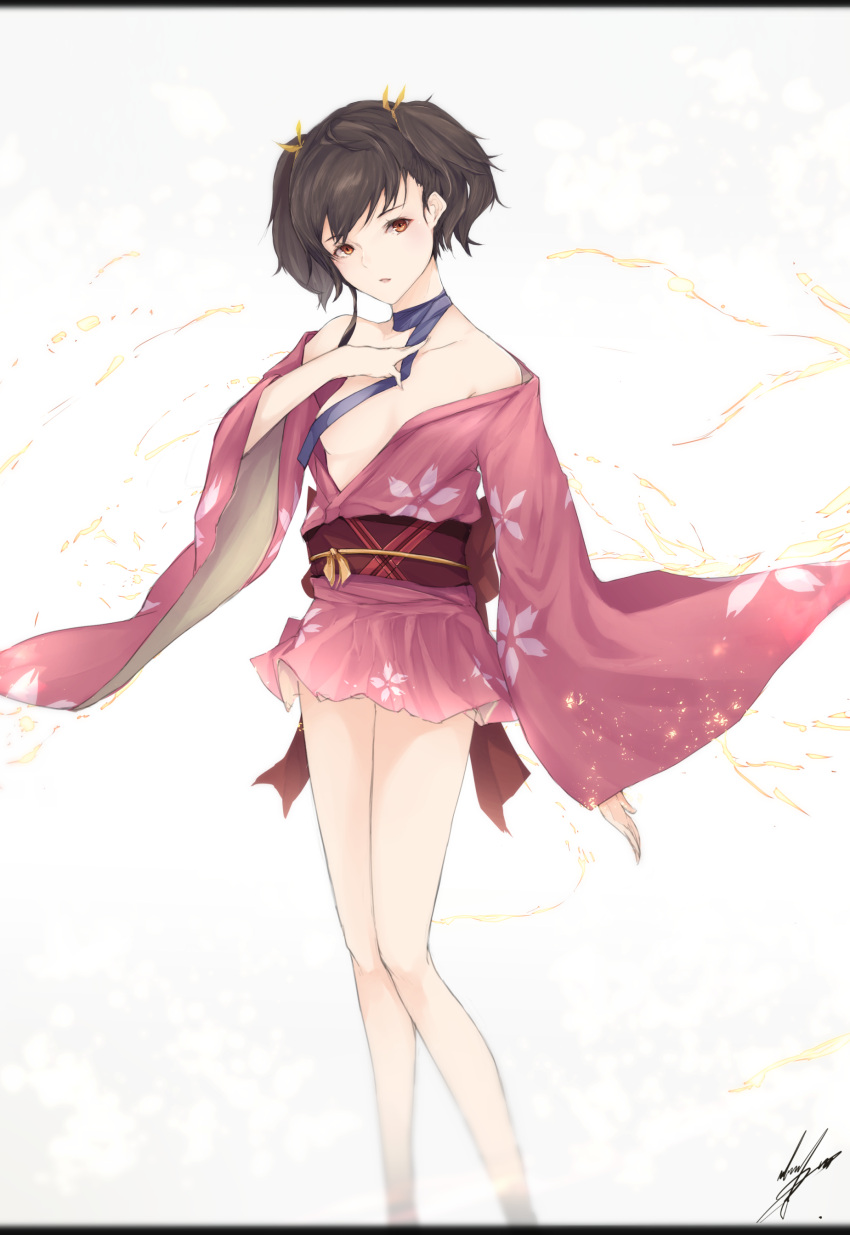 1girl :o absurdres arm_at_side bare_legs blush brown_eyes brown_hair choker collarbone convenient_censoring floral_print hair_ornament hand_on_own_chest highres japanese_clothes kimono koutetsujou_no_kabaneri long_sleeves looking_at_viewer marumoru mumei_(kabaneri) no_bra open_clothes open_kimono parted_lips ribbon ribbon_choker sash short_kimono short_twintails small_breasts solo standing twintails yellow_ribbon