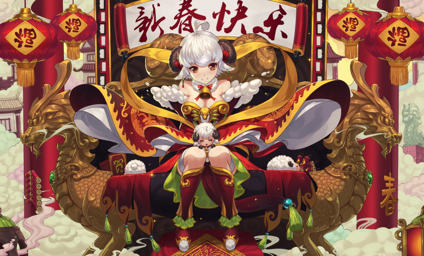1girl breasts chinese_new_year cleavage dragon earrings eastern_dragon highres huang_xie jewelry large_breasts looking_at_viewer minigirl original red_eyes sheep short_hair sitting smile solo white_hair