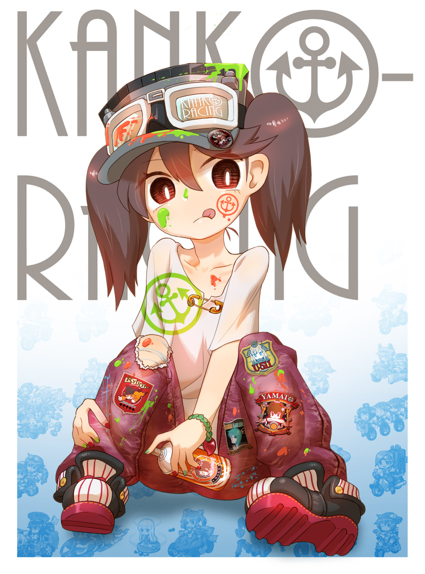 1girl :q aerosol bracelet brown_eyes brown_hair casual chaki_(teasets) collarbone facial_mark goggles highres jewelry kantai_collection knee_up looking_at_viewer nail_polish paint_on_face pants ryuujou_(kantai_collection) safety_pin shirt shoes sitting sneakers solo suzuya_(kantai_collection) tongue tongue_out twintails u-511_(kantai_collection) visor_cap yamato_(kantai_collection)
