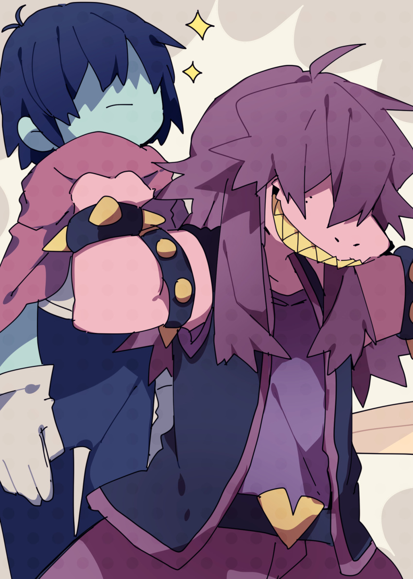 1girl 1other ahoge androgynous antenna_hair armlet black_jacket blue_hair blue_skin bracelet cape clothes_grab colored_skin commentary_request covered_eyes cowboy_shot deltarune facing_viewer freckles furry furry_female gloves grin hair_over_eyes hand_up highres jacket jewelry kris_(deltarune) lifting_person medium_hair nikorashi-ka pants pink_cape pink_skin purple_hair purple_pants purple_shirt purple_skin shaded_face sharp_teeth shirt short_hair simple_background sleeveless sleeveless_jacket smile snout sparkle spiked_armlet spiked_bracelet spikes teeth white_background white_gloves