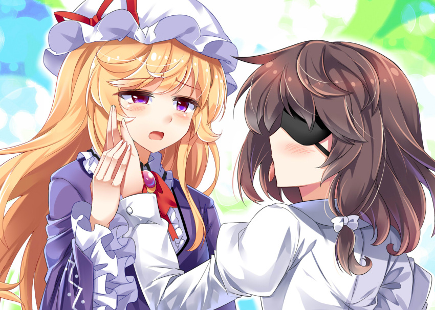 2girls blindfold blonde_hair brooch brown_hair dress e.o. hand_on_another's_cheek hand_on_another's_face hat hat_ribbon jewelry juliet_sleeves long_hair long_sleeves maribel_hearn mob_cap multiple_girls open_mouth puffy_sleeves purple_dress ribbon shirt touhou upper_body usami_renko very_long_hair violet_eyes wide_sleeves
