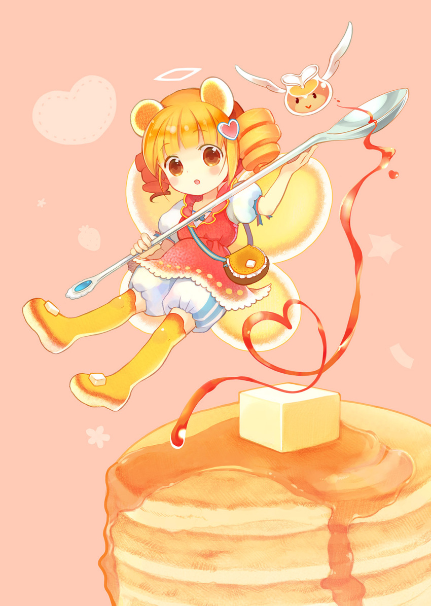 1girl :&gt; :o animal_ears bear_ears bloomers boots brown_eyes butter drill_hair fairy fairy_wings flying food_as_clothes food_themed_clothes hair_ornament heart_hair_ornament highres looking_at_viewer morinaga_(brand) orange_hair original oversized_object pancake personification pink_background red_skirt short_hair skirt solo spoon syrup takeda_mika thigh-highs thigh_boots twin_drills underwear wings yellow_boots
