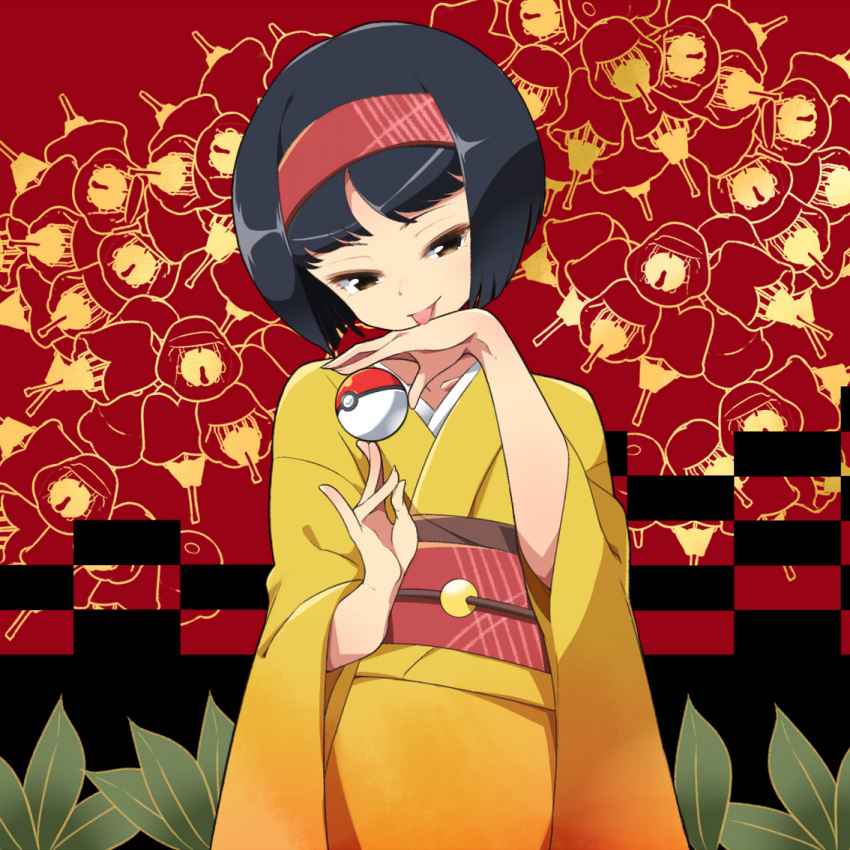 1girl :p black_hair brown_eyes collarbone erika_(pokemon) floral_print gym_leader hairband head_tilt holding holding_poke_ball japanese_clothes kimono licking licking_hand long_sleeves poke_ball pokemon sash short_hair solo tm_(hanamakisan) tongue tongue_out tsurime wide_sleeves