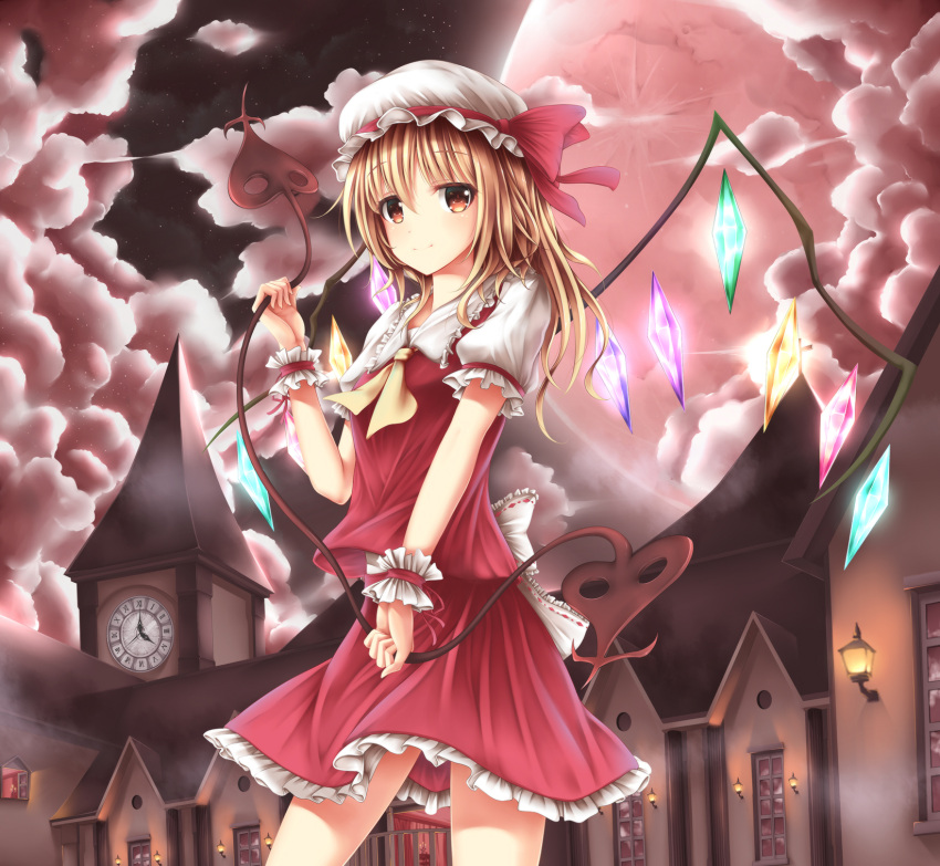 1girl brown_eyes clock clock_tower dress flandre_scarlet hat highres light_brown_hair long_hair looking_at_viewer moon outdoors red_dress red_ribbon ribbon scarlet_devil_mansion smile solo touhou tower wings wsman