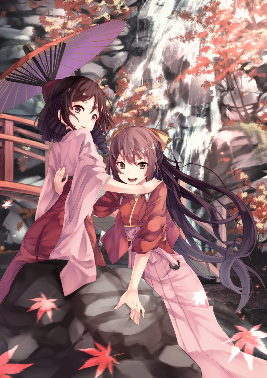 2girls anchor autumn autumn_leaves blush bow bridge brown_hair cliff commentary_request drill_hair floating_hair hair_bow hakama hakama_skirt hand_on_another's_shoulder harukaze_(kantai_collection) highres hug japanese_clothes kamikaze_(kantai_collection) kantai_collection kimono long_hair long_sleeves looking_at_viewer meiji_schoolgirl_uniform multiple_girls oriental_umbrella outdoors parasol pink_bow pink_skirt plant pleated_skirt railing red_eyes red_skirt red_umbrella rock saraki skirt tareme tree twin_drills umbrella very_long_hair water waterfall wide_sleeves wind yellow_bow