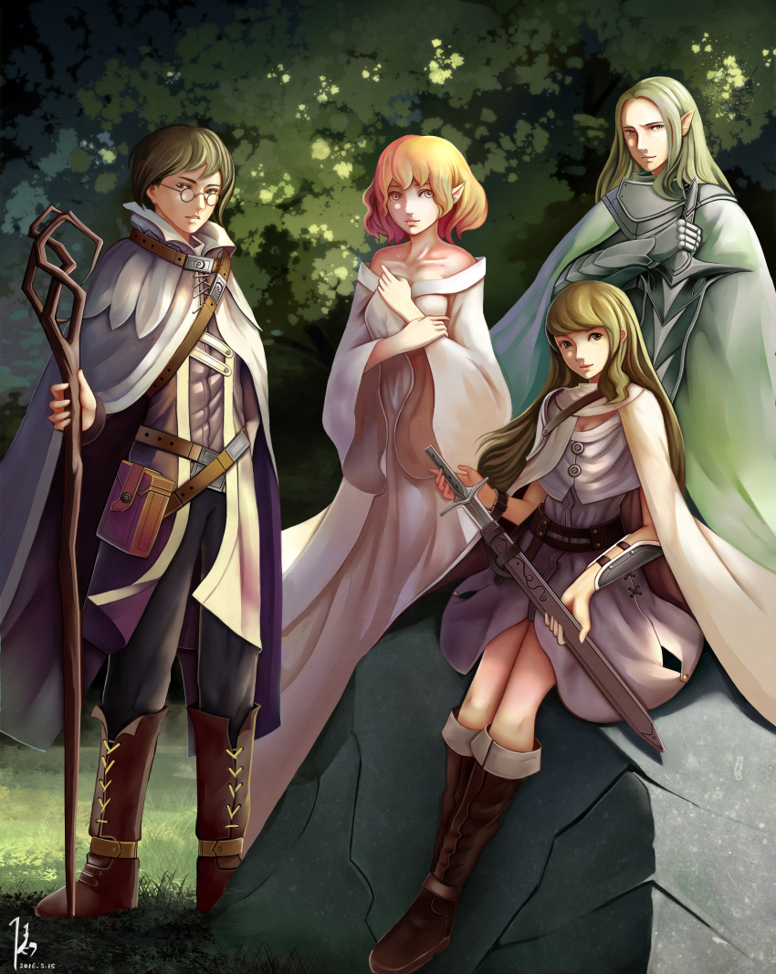 2boys 2girls absurdres arm_guards arm_holding armor belt belt_pouch blonde_hair boots cape capelet collarbone cross-laced_footwear dated diandianzai dress forest full_body gauntlets glasses gorget grass green_eyes grey_eyes hand_on_own_chest head_tilt highres knee_boots light_brown_hair light_smile long_hair long_sleeves looking_at_viewer mage medieval multiple_boys multiple_girls nature off-shoulder_dress off_shoulder original outdoors parted_lips pointy_ears scabbard sheath short_hair signature sitting_on_rock staff standing sword weapon