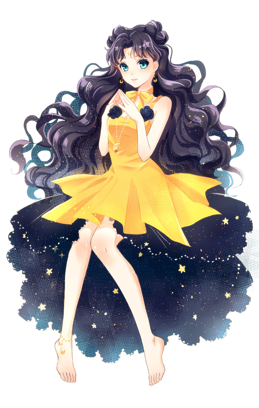 1girl barefoot bishoujo_senshi_sailor_moon black_hair blue_eyes bow bracelet crescent crescent_earrings double_bun earrings hair_bun hair_ornament hairpin highres jewelry long_hair luna_(sailor_moon) luna_(sailor_moon)_(human) personification rei_(usabiba) skirt smile solo white_background yellow_bow yellow_skirt