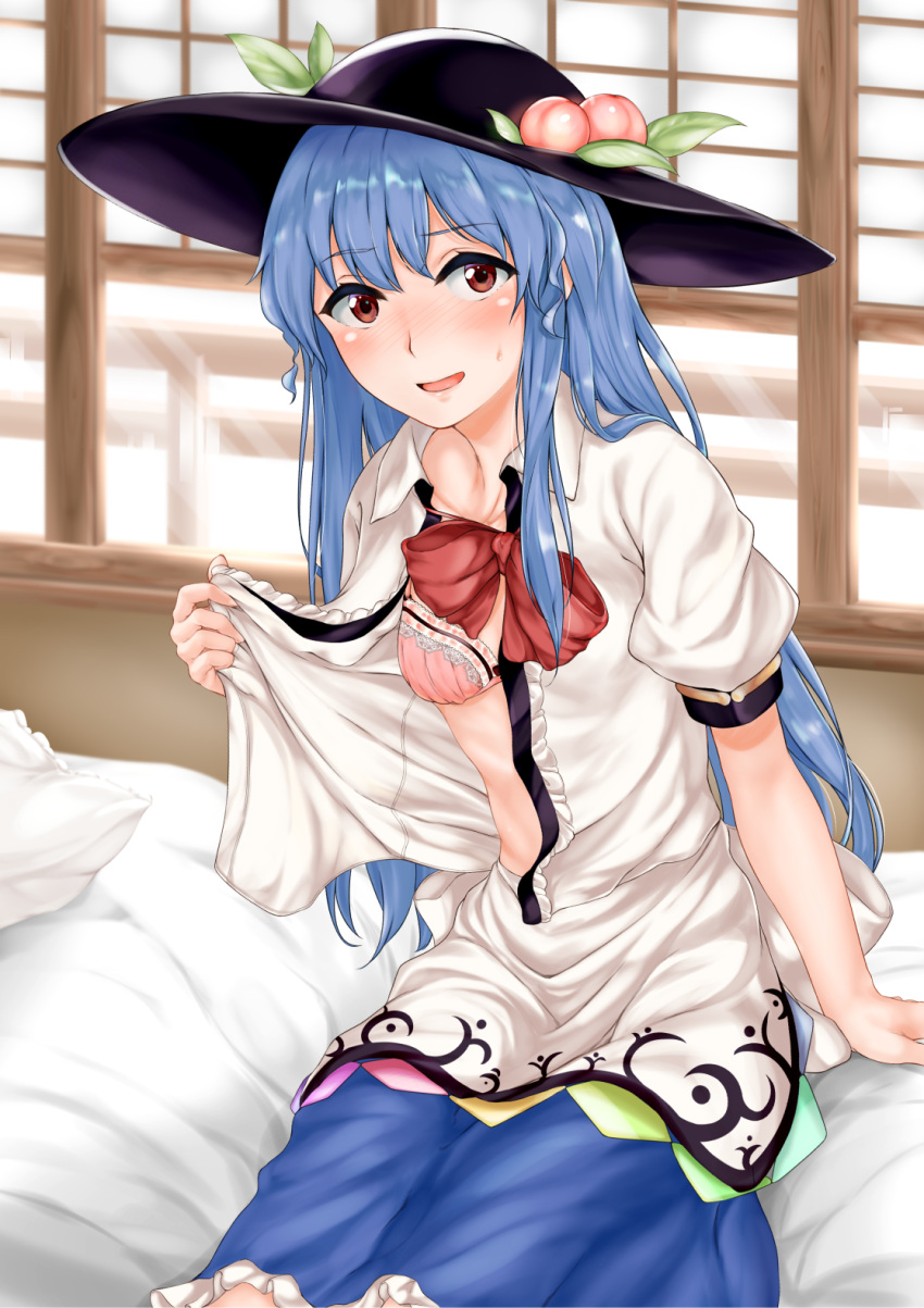 1girl bed blue_hair blush bow bowtie bra food fruit hat highres hinanawi_tenshi long_hair looking_at_viewer momo_retasu on_bed open_clothes open_mouth open_shirt peach pink_bra puffy_sleeves red_eyes shirt sitting sitting_on_bed skirt small_breasts smile solo touhou underwear very_long_hair