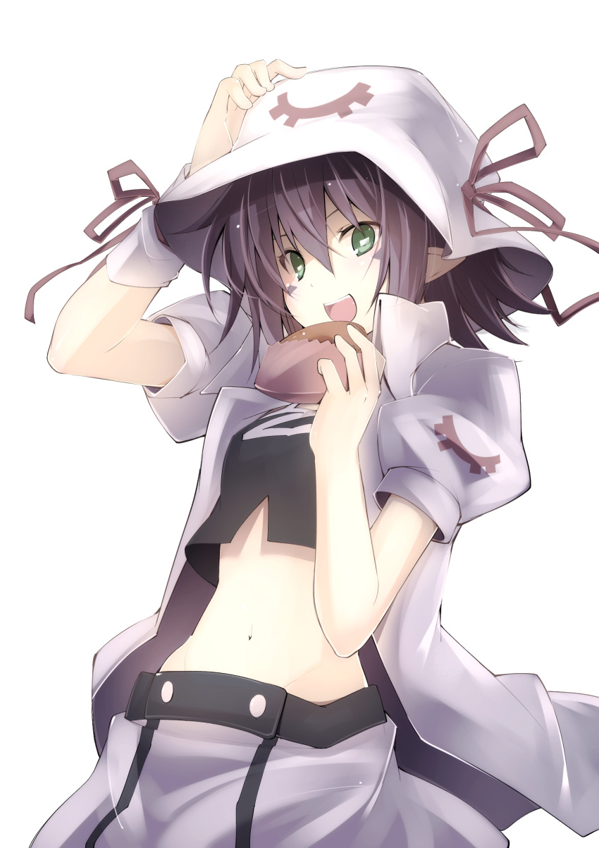 1girl arm_up breasts facial_mark green_eyes hair_between_eyes hand_on_headwear hat highres jijii48 looking_at_viewer merry_nightmare midriff navel open_mouth pointy_ears puffy_short_sleeves puffy_sleeves purple_hair ribbon short_hair short_sleeves skirt smile solo wristband yumekui_merry
