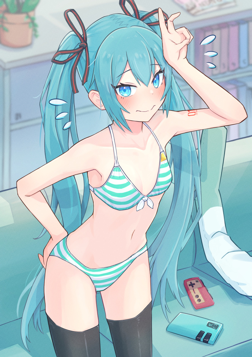 1girl bare_shoulders bikini black_thighhighs blue_eyes blue_hair blurry blurry_background book bookshelf breasts cellphone controller couch cowboy_shot flying_sweatdrops game_controller gamepad hatsune_miku highres indoors long_hair midriff navel petite phone small_breasts solo spring_onion standing striped striped_bikini stuffed_toy swimsuit thighhighs very_long_hair vocaloid yasuno-labo