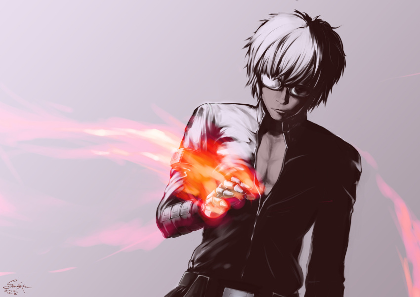 1boy absurdres cross dark_skin fire gloves highres jacket jewelry k' looking_at_viewer male_focus muscle short_hair solo soulexer sunglasses the_king_of_fighters white_hair