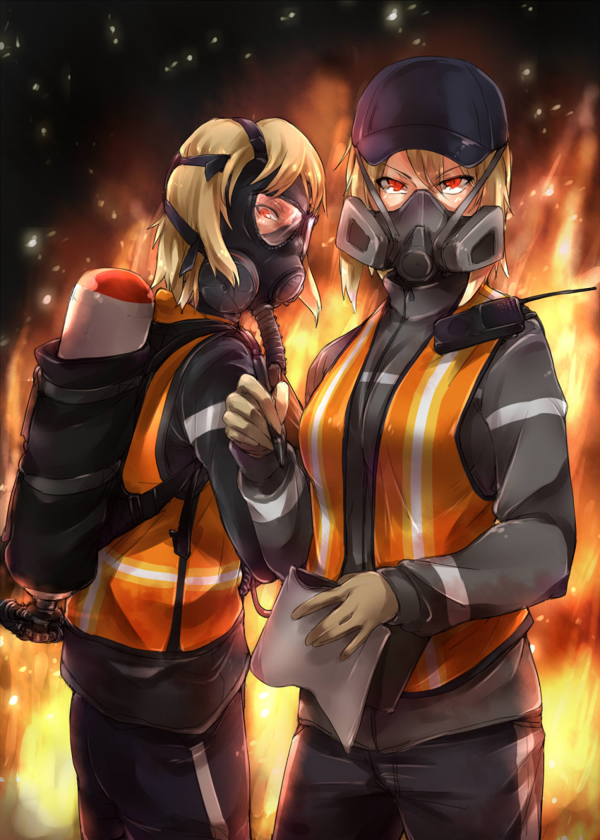 2girls ayyh baseball_cap blonde_hair cleaners field_radio fire flamethrower gloves hat highres multiple_girls notepad oxygen_mask oxygen_tank pen red_eyes respirator short_hair tom_clancy's_the_division vest weapon