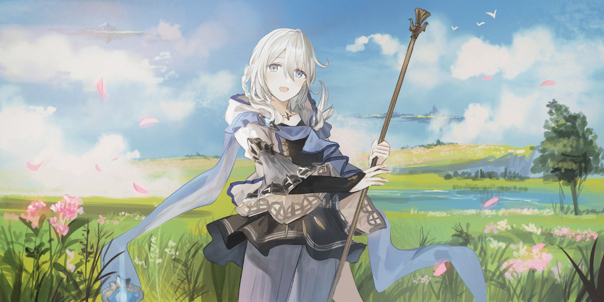 1boy :d arm_guards bangs black_shirt blue_sky braid chihuri clouds cloudy_sky commentary_request day eyebrows_visible_through_hair floating_island flower granblue_fantasy grey_eyes hair_between_eyes highres holding layered_sleeves long_hair long_sleeves male_focus noa_(granblue_fantasy) open_mouth outdoors pants petals pink_flower shirt sky smile solo tree water white_flower white_hair white_pants wide_sleeves