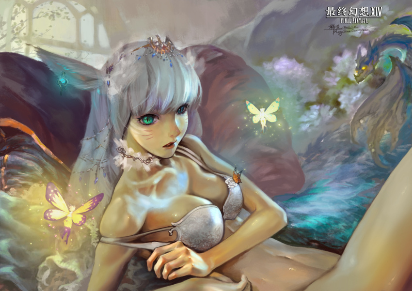 1girl 2016 animal_ears arch artist_name bare_shoulders blue_eyes bra breasts butterfly cat_ears circlet cleavage collarbone copyright_name creature dated derivative_work dragon earrings eyelashes fairy final_fantasy final_fantasy_xiv from_above glowing green_eyes hair_ornament heterochromia highres jewelry light_particles long_hair minigirl miqo'te necklace on_bed parted_lips pillow red_lips signature silver_hair slit_pupils solo_focus stomach strap_slip tail thigh-highs underwear underwear_only upper_body watermark web_address whisker_markings white_bra white_hair window ziso