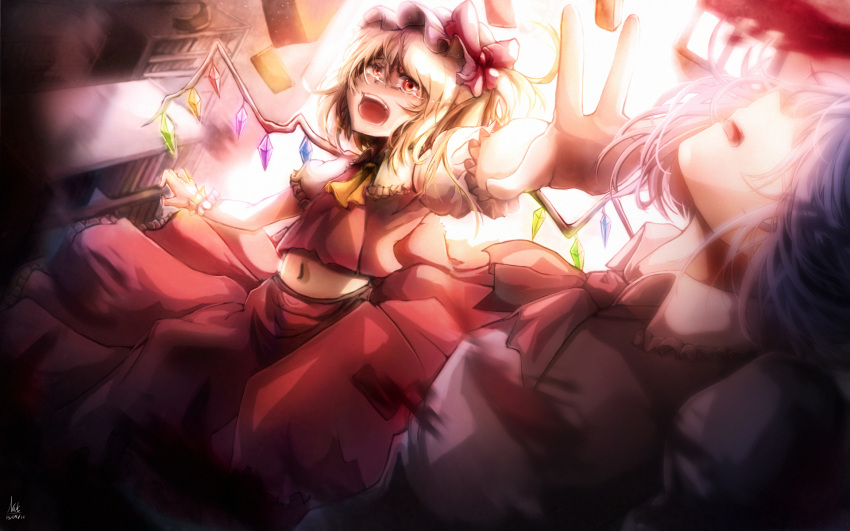 2girls backlighting bangs blonde_hair blue_hair blurry book bookshelf bow card cravat crying crying_with_eyes_open crystal depth_of_field flandre_scarlet floating_card flying frilled_sleeves frills from_above hair_between_eyes hat head_out_of_frame highres mob_cap motion_blur multiple_girls nakatokung navel one_side_up open_mouth outstretched_arm outstretched_arms puffy_short_sleeves puffy_sleeves reaching red_bow red_eyes red_skirt red_vest remilia_scarlet short_sleeves siblings signature sisters skirt skirt_set solo_focus stomach tears touhou unconscious vampire wings wrist_cuffs