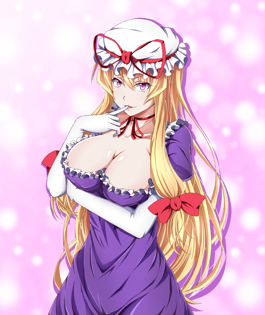 1girl absurdres bangs blonde_hair bow breasts choker cleavage collarbone dress elbow_gloves finger_licking finger_to_mouth frilled_dress frills gloves hair_between_eyes hair_bow hand_on_own_elbow hat hat_ribbon highres kyoukyan large_breasts licking long_hair looking_at_viewer mob_cap neck pink_background puffy_short_sleeves puffy_sleeves purple_dress reflective_eyes ribbon ribbon_choker shiny shiny_hair shiny_skin short_sleeves sidelocks solo touhou very_long_hair violet_eyes white_gloves yakumo_yukari