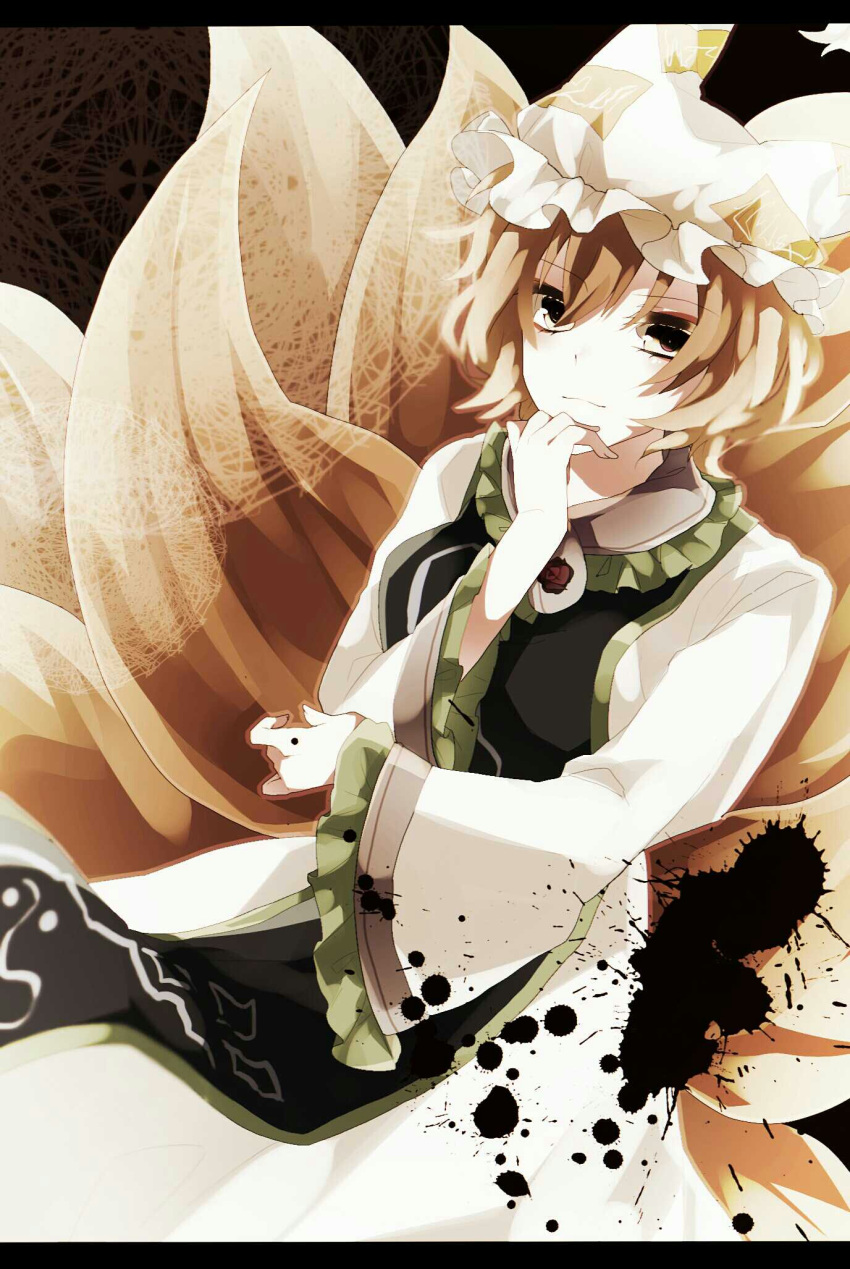 1girl blonde_hair chin_rest collar dress fox_tail frilled_collar frilled_sleeves frills hat highres ink kyuubi letterboxed long_sleeves looking_at_viewer mob_cap moko-rinn multiple_tails pillow_hat short_hair solo tabard tail touhou white_dress wide_sleeves yakumo_ran yellow_eyes
