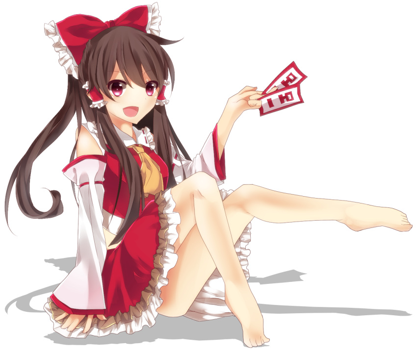 1girl :d ascot barefoot blush bow brown_hair collar detached_sleeves frilled_collar frilled_skirt frills full_body hair_bow hair_tubes hakurei_reimu highres japanese_clothes knees_up long_hair long_sleeves looking_at_viewer miko moko-rinn ofuda open_mouth red_bow red_eyes red_skirt sidelocks sitting skirt skirt_set smile solo touhou white_background