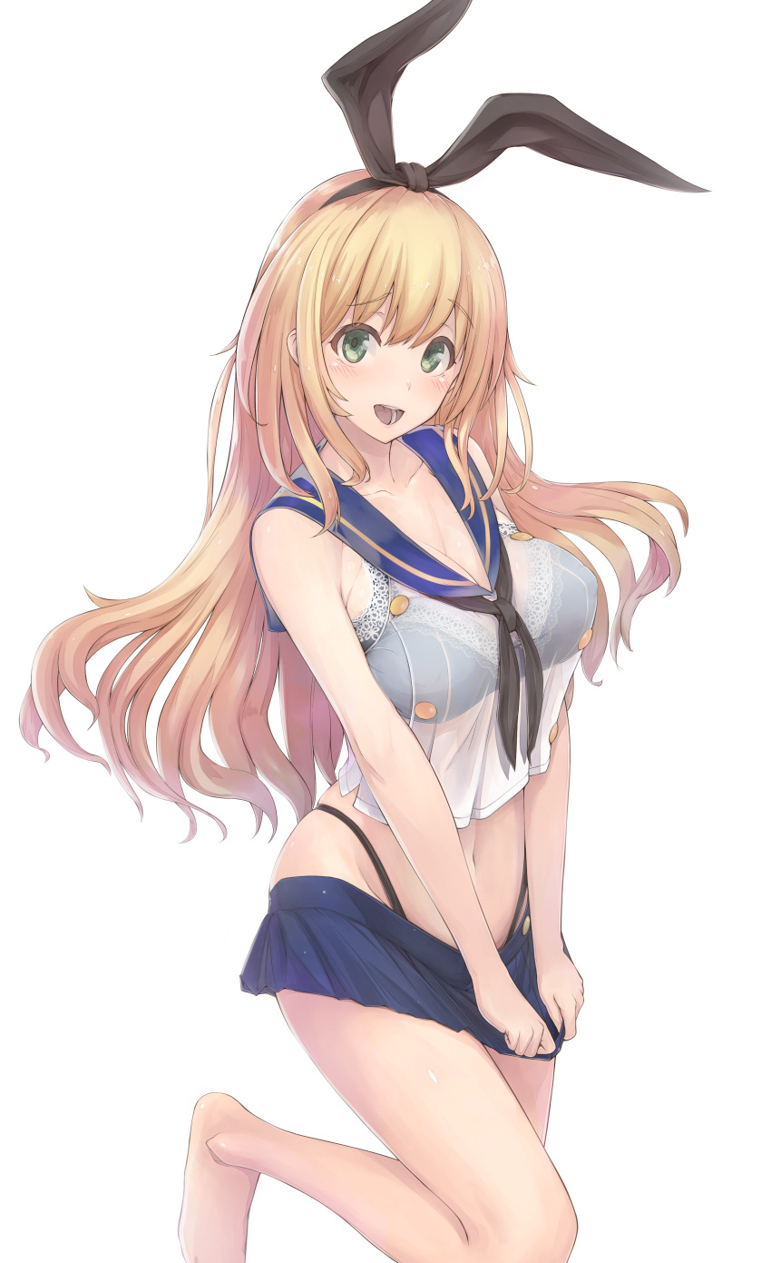 1girl :d absurdres atago_(kantai_collection) barefoot black_ribbon blonde_hair blue_skirt blush bra breasts cleavage collarbone cosplay covered_nipples green_eyes hair_ribbon highres kantai_collection lace_trim long_hair microskirt navel open_mouth pleated_skirt ribbon sailor_collar see-through shimakaze_(kantai_collection) shimakaze_(kantai_collection)_(cosplay) simple_background skirt skirt_pull smile solo standing_on_one_leg underwear urigarasu white_background