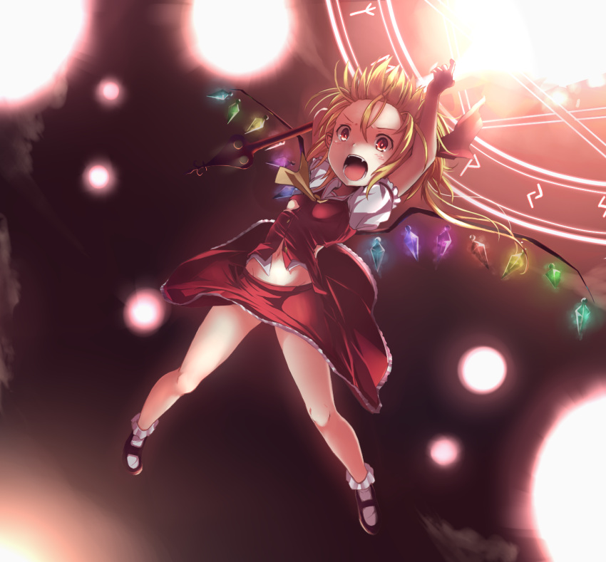 1girl angry ascot black_shoes blonde_hair bobby_socks bow clouds danmaku fangs fire flandre_scarlet floating hair_bow highres kuro_(baseball0000) laevatein legs magic_circle navel open_mouth red_eyes red_skirt red_sky red_vest shirt shoes short_sleeves side_ponytail skirt skirt_lift skirt_set sky small_breasts socks solo spread_legs stomach teeth thighs touhou white_legwear white_shirt wind wings