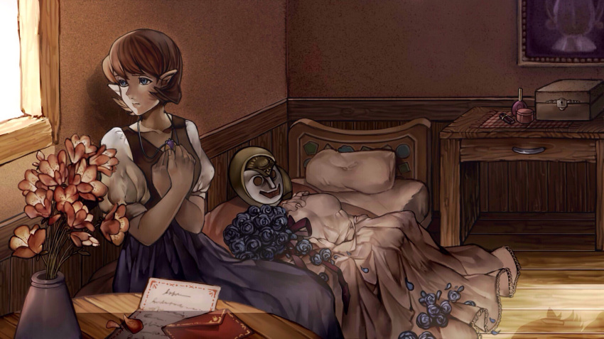 anju blue_eyes blue_rose bouquet box dress flower highres indoors jewelry letter long_skirt mask neaze necklace on_bed pillow pointy_ears puffy_sleeves redhead rose sitting sitting_on_bed skirt the_legend_of_zelda the_legend_of_zelda:_majora's_mask vase wedding_dress