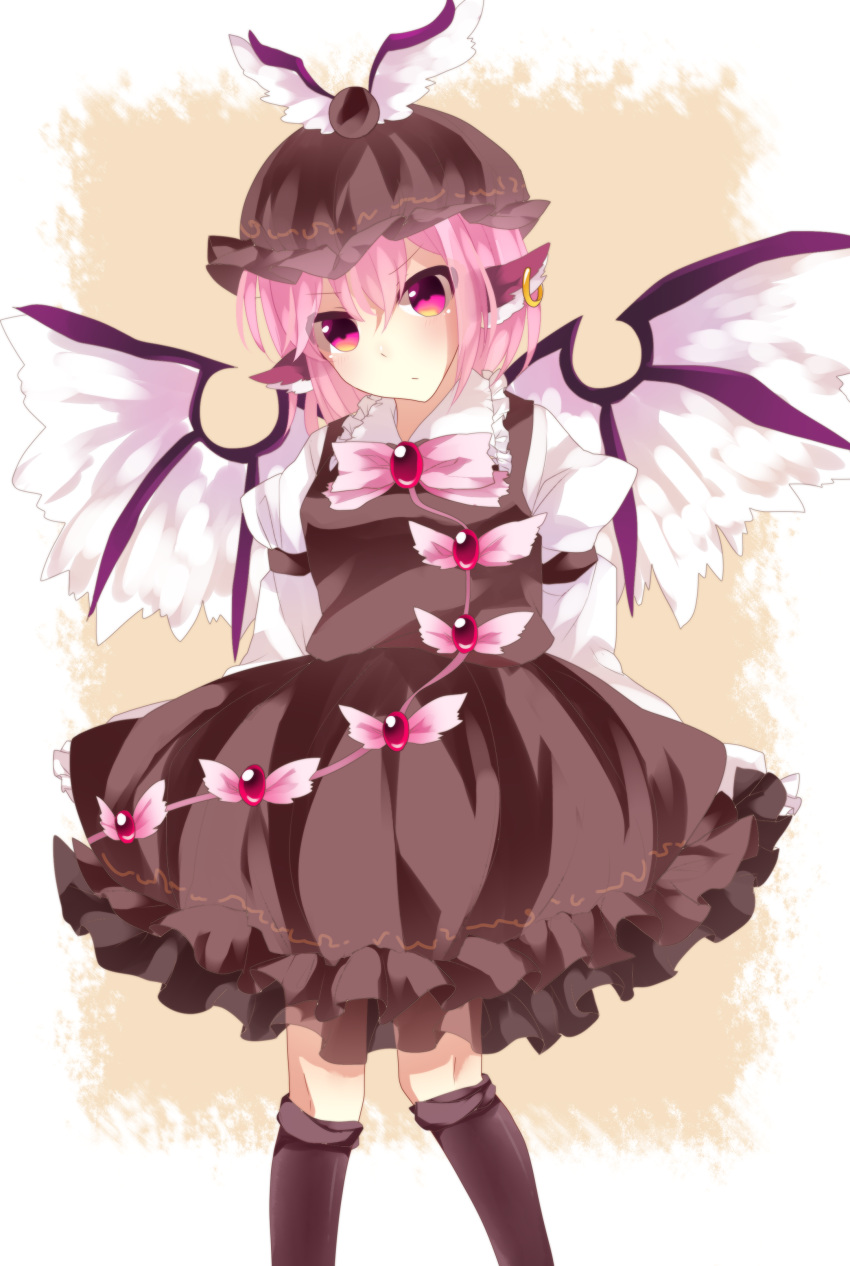 &gt;:/ 1girl absurdres animal_ears arms_behind_back bird_wings blush boots brown_dress collar dress frilled_collar frills hat hat_ornament highres jewelry juliet_sleeves knee_boots long_sleeves looking_at_viewer mob_cap moko-rinn mystia_lorelei pink_eyes pink_hair puffy_sleeves short_hair single_earring solo standing touhou tsurime wings