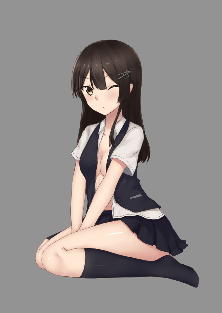 1girl between_legs black_hair black_legwear black_skirt blush breasts grey_background hair_ornament hairclip hand_between_legs highres kantai_collection kneehighs long_hair looking_at_viewer one_eye_closed open_clothes oyashio_(kantai_collection) pleated_skirt rumaki school_uniform short_sleeves sitting skirt solo vest white_blouse