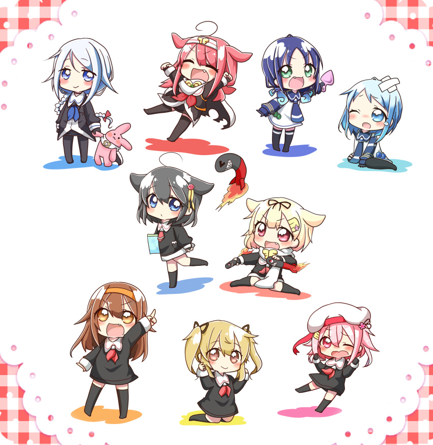 6+girls :&gt; :d ^_^ absurdres ahoge alternate_hair_length alternate_hairstyle black_gloves black_hair black_legwear black_ribbon black_serafuku blonde_hair blue_eyes blue_hair braid brown_eyes brown_hair chibi closed_eyes closed_mouth commentary_request crossed_bandaids dress fang fingerless_gloves gloves green_eyes hair_flaps hair_ornament hair_ribbon hairband hairclip harusame_(kantai_collection) hat highres jako_(jakoo21) kantai_collection kawakaze_(kantai_collection) long_hair long_sleeves multiple_girls murasame_(kantai_collection) neckerchief one_eye_closed open_mouth pantyhose pink_hair red_eyes red_ribbon redhead remodel_(kantai_collection) ribbon sailor_dress samidare_(kantai_collection) scarf school_uniform serafuku shigure_(kantai_collection) shiratsuyu_(kantai_collection) single_braid smile suzukaze_(kantai_collection) tears thigh-highs torpedo tress_ribbon twintails umikaze_(kantai_collection) white_scarf yuudachi_(kantai_collection)
