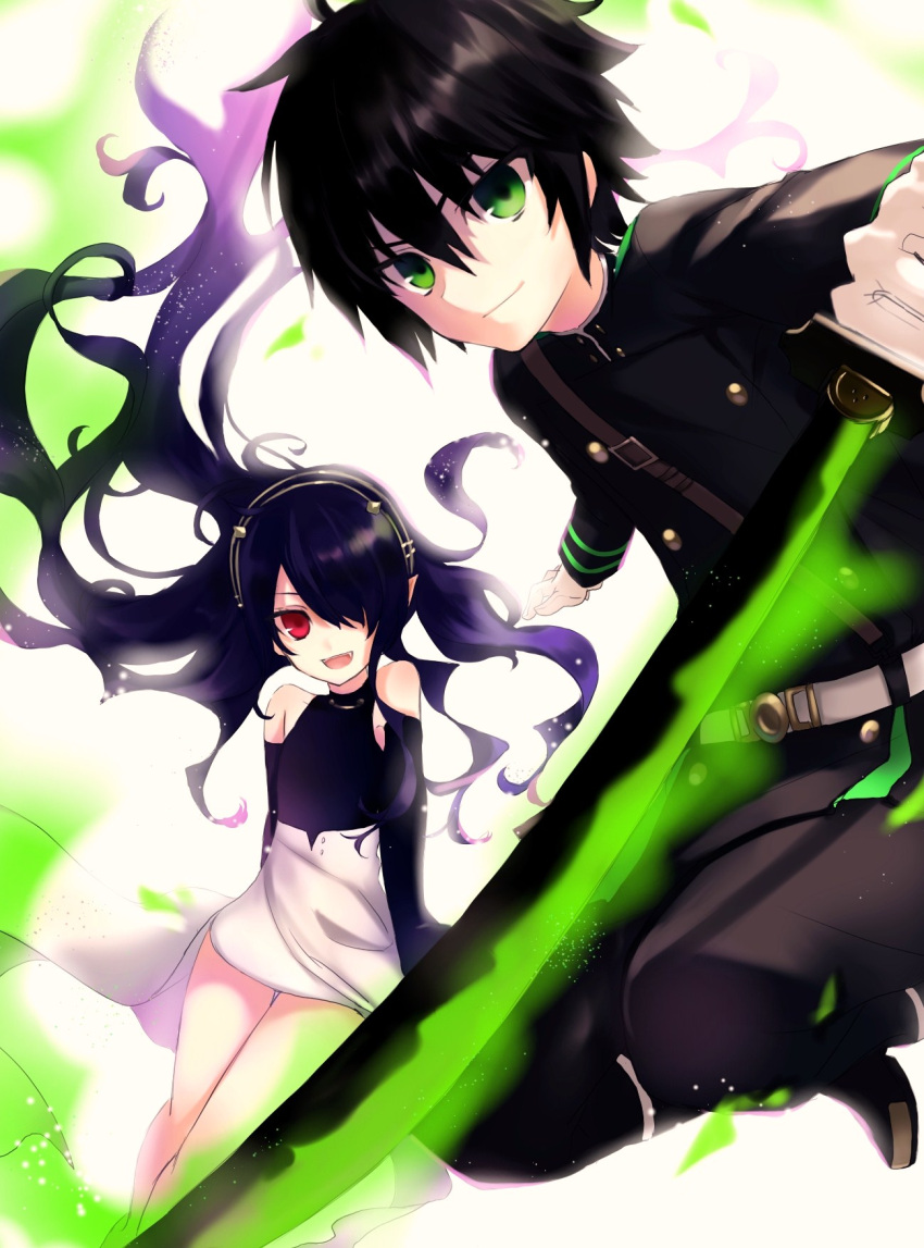 1boy 1girl ashuramaru black_hair detached_sleeves fang gloves green_eyes hair_over_one_eye highres holding holding_sword holding_weapon hyakuya_yuuichirou jne katana long_hair open_mouth owari_no_seraph red_eyes short_hair smile sword uniform weapon white_gloves