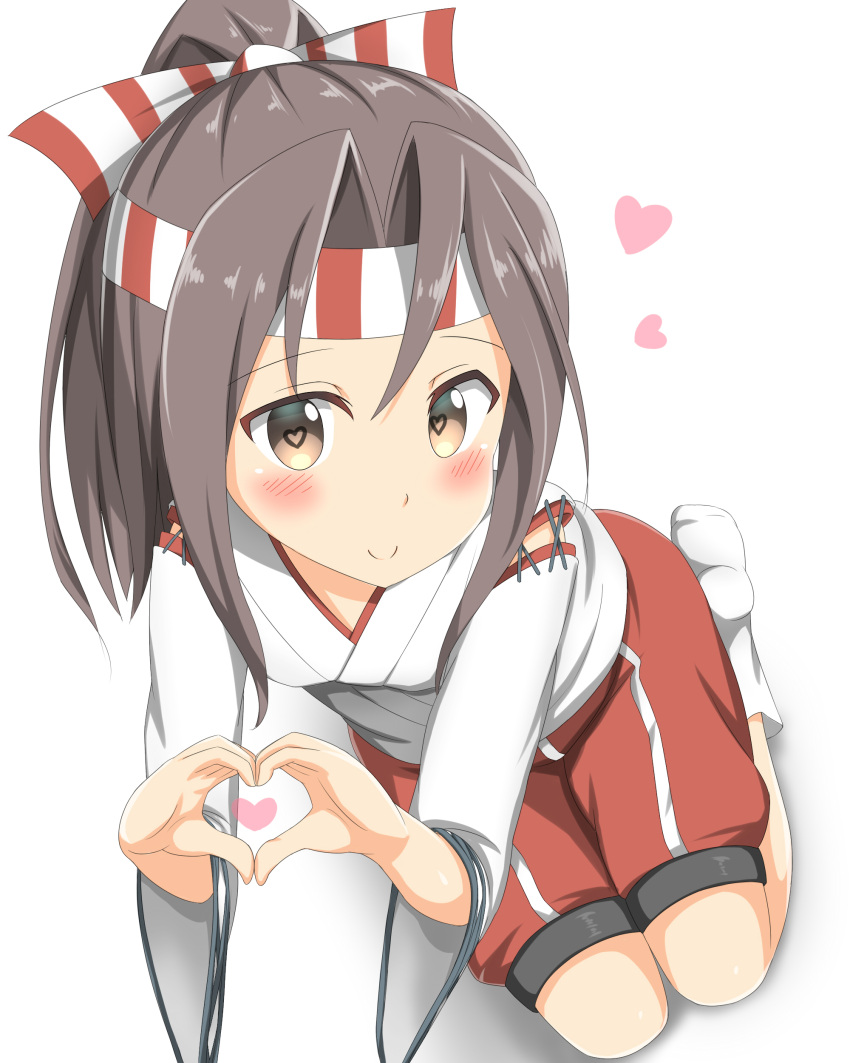 1girl absurdres blush brown_eyes brown_hair commentary_request hachimaki headband heart heart-shaped_pupils heart_hands high_ponytail highres japanese_clothes kantai_collection long_hair looking_at_viewer nedia_r sitting smile socks symbol-shaped_pupils white_background white_legwear wide_sleeves zuihou_(kantai_collection)
