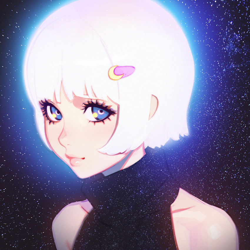 1girl bare_shoulders blue_eyes closed_mouth collarbone copyright_request ilya_kuvshinov lips looking_at_viewer portrait smile solo space space_print star_(sky) sweater_vest upper_body white_hair